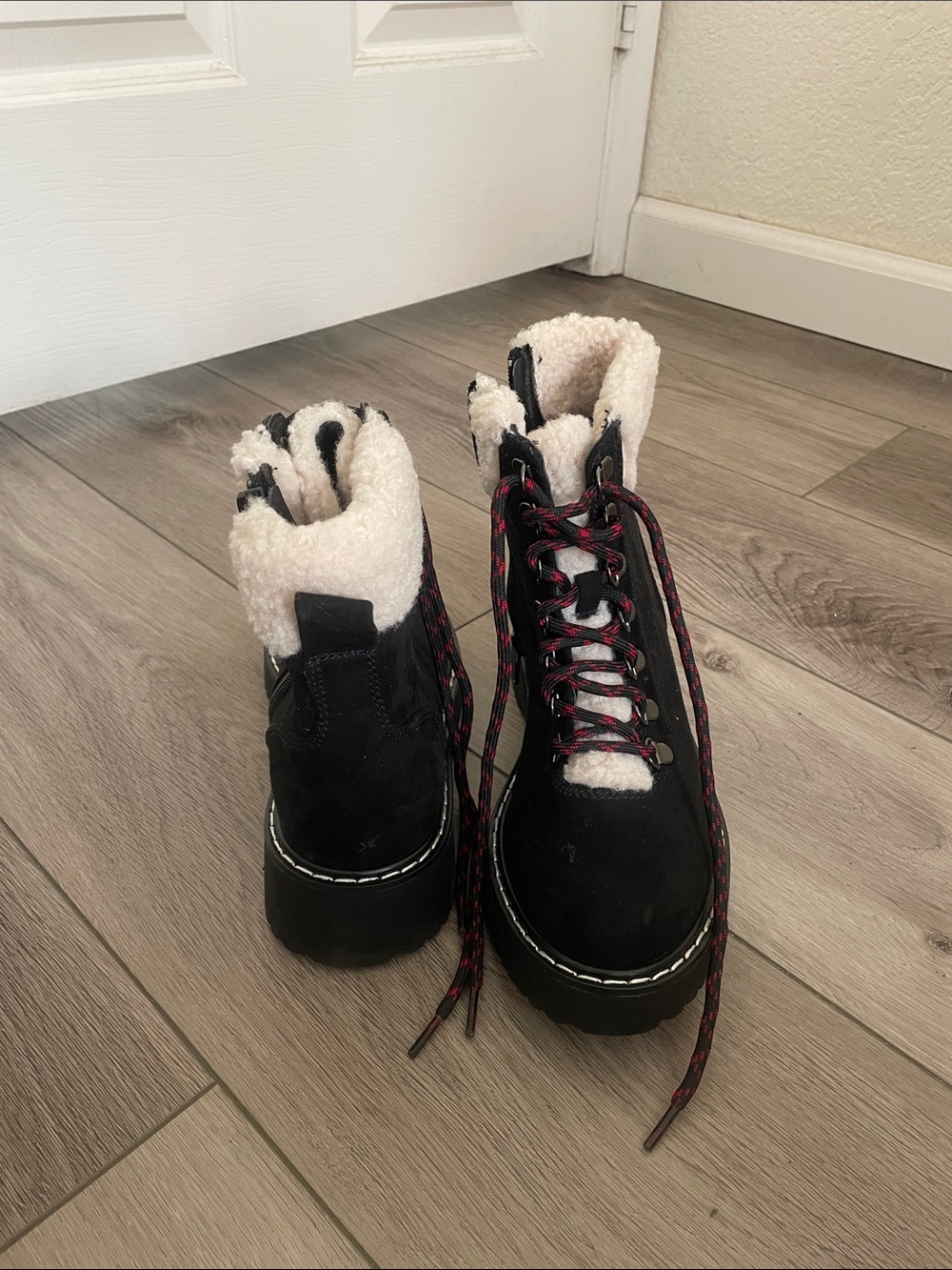Madden Girl Black Faux-Shearling Combat Boots with Red-Black Laces
